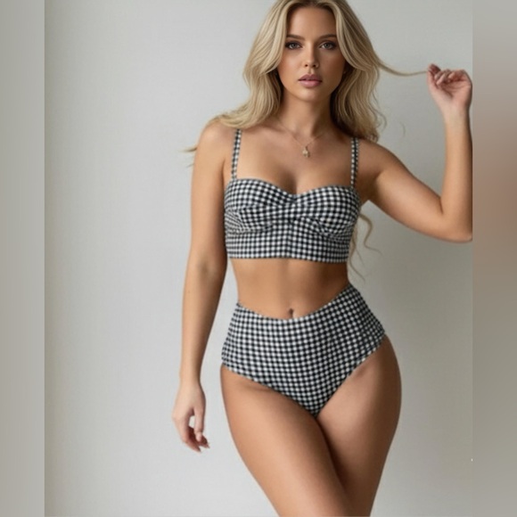 Gingham Twist Push Up Bra & High Waisted Bottom Bikini Blk/Wht - Picture 3 of 5